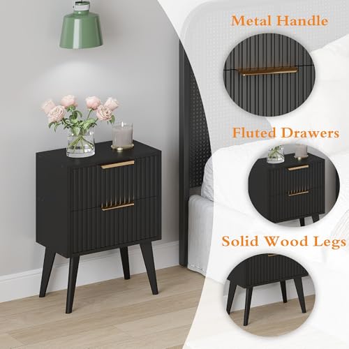 YAUKOMEL Black Night Stand,Modern Bedside Table,Small Nightstand with 2 Drawers,Fluted Side Table with Wood Legs,Mid Century End Table for Bedroom,Small Space,Black 11.8" D x 16" W x 22.4" H CTG55BK YAUKOMEL
