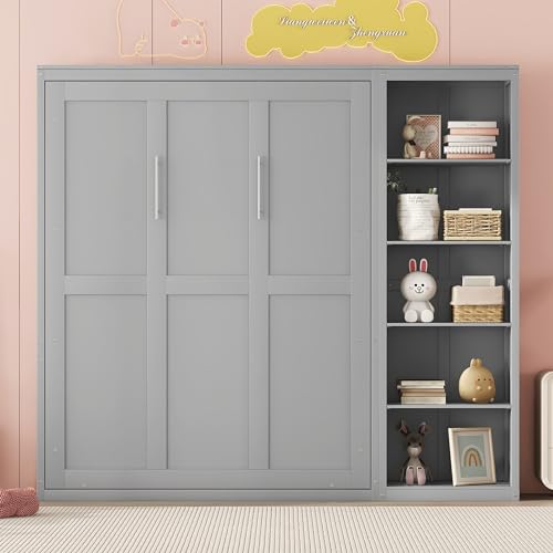 Harper & Bright Designs Gray Full Size Murphy Bed with Storage Shelves, Wood Cabinet Full Platform Beds with Flexible Slats Support, Foldable Wall Bed Frame for Home Office Studio Harper & Bright Designs