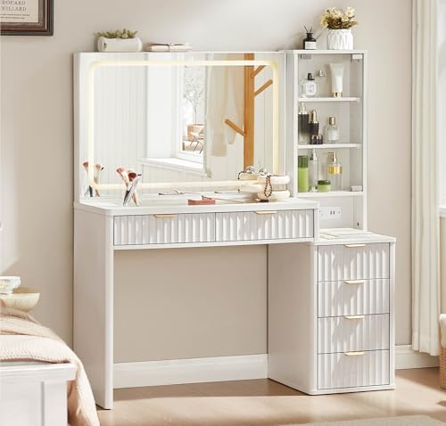 LEYAOYAO Vanity Desk with Mirror and Lights, 43.5'' Fluted Makeup Vanity with 6 Drawers and Adjustable Shelves, Wood TC Make Up Vanity Dressing Table with Glass Top and Power Outlet for Bedroom LEYAOYAO