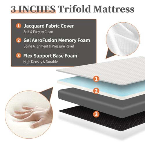 Sweetcrispy Tri-fold Memory Foam Mattress - 3 Inch Twin Size Portable Bed Pad, Foldable Floor Mat, Collapsible and Washable Cover with CertiPUR-US Certified, for Travel & Camping & Yoga Sweetcrispy