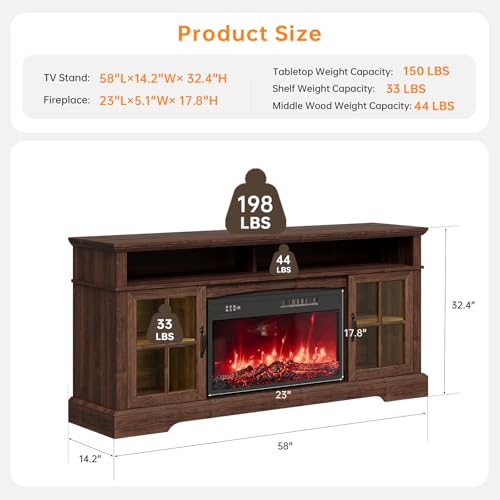 Breezestival 58" Fireplace TV Stand, Modern Entertainment Center for TVs Up to 70”, TV Console with Storage Cabinets, Media Console for Living Room, Brown TV Stand and Black Fireplace Breezestival