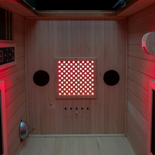 Woodbridge Infrared Home Sauna Room 1 Person Japanese Cedar Indoor Sauna with 7 Carbon Heaters, Red Light Therapy, Bluetooth Speaker, Intelligent Control Panel, Tempered Glass & Top Vent WOODBRIDGE