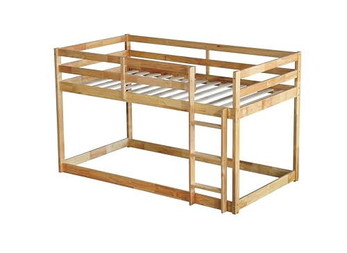 PVWIIK Full Over Full Wood Bunk Bed Frame with Ladder & Safety Guard Rails for Kids,Boy,Girl Bedroom,Space Saving Design & No Box Spring Needed,Easy to Assemble, Natural PVWIIK
