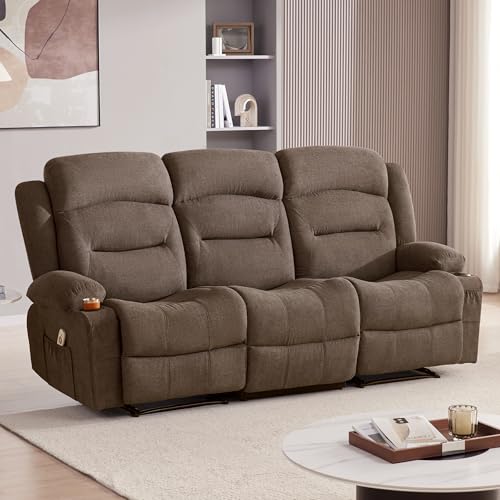 Reedvales Oversized Recliner Sofa with Heat and Massage, Big Large 3-Seater RV Recliner Couch Sofa for Living Room, Wall-Hugger Reclining Sofa with Cup Holders and USB Port (Fabric, Brown)