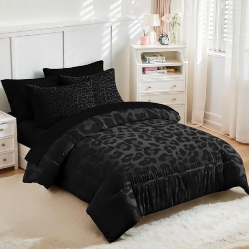 Nesker 7 Pcs Comforter Set King Size, Leopard Print Wild Animal Bedding Set for Kids and Adults, Black Grey African Cheetah Wildlife Bed Sheet Sets with Fitted Sheet 2 Pillowcases & 2 Shams Nesker