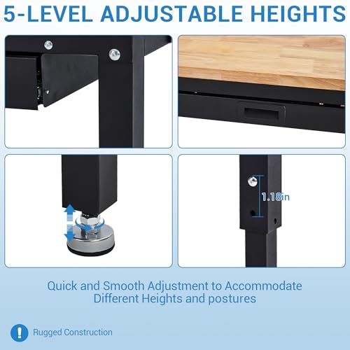 60 Inch Adjustable Work Table, 3000 Lbs Capacity Rubber Wood Tabletop Workbench, Heavy Duty Work Bench Table with 2 Drawers & Pegboard for Garage Woodworking Shop, with Power Outlet & Pegboard EliteEdge