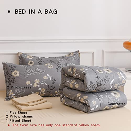 AIKASY Grey King Bed in a Bag 7-Pieces, Comforter Set with Sheets,Tree Branches and Flowers Printing Design,Ultra Soft Down Alternative All Season Bedding Set(King, Grey) AIKASY