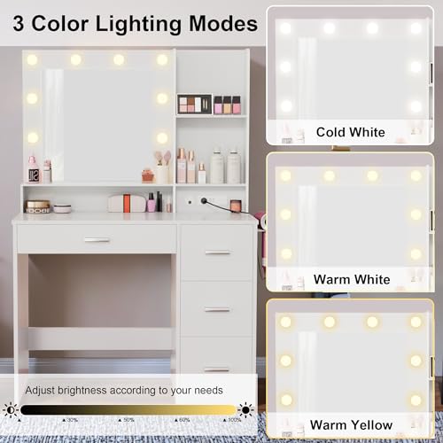 Furmax Vanity Desk with LED Lighted Mirror&Power Outlet, 39.3’’ Makeup Vanity Table with 4 Drawers and 3 Storage Shelves, Adjustable 3 Lighting Color for Bedroom&Dressing Room (White) Furmax