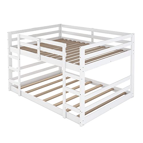 Ball & Cast Full Over Full Bunk Bed with Double Ladder and Full-Length Guardrail,Low Floor Bunkbed w/Slat Support,Bedroom Furniture for Girls Boys,White Ball & Cast