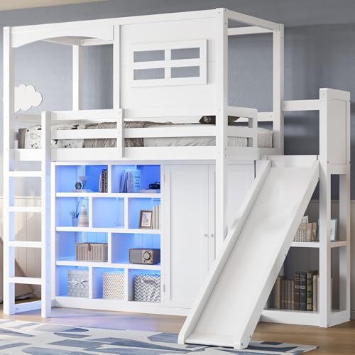 Merax Multifunction Wood Loft Bed with Wardrobe & Storage Shelves, Twin House Shaperd Loft Bed with Slide for Boys, Girls, No Box Spring Needed, Space Saving, White Merax