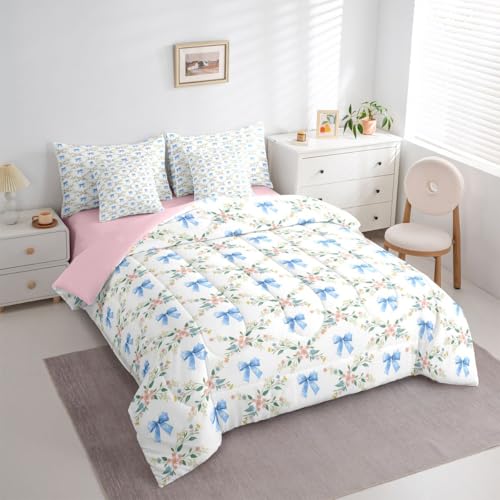 Erosebridal Flower Bowknot 7 Piece Bed in a Bag Twin Coquette Decor 7 Piece Comforter Set Dreamy Princess Style Fitted Sheet Reversible Natural Floral Ribbon Sheet Set Breathable Lightweight Erosebridal