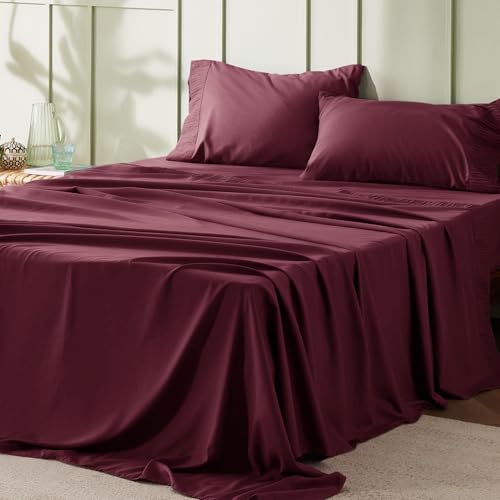 Bedsure Queen Sheet Set - 4 Pieces Soft Queen Size Sheets - Breathable & Cooling - Hotel Luxury - Easy Care Polyester Microfiber Bedding for Women, Men, Red Bedsure