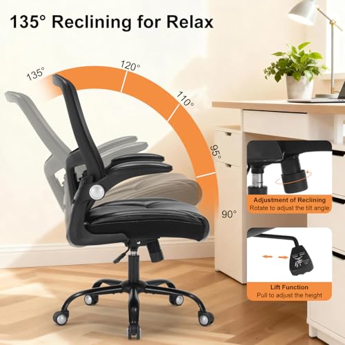 Ergonomic Office Chair, PU Leather Ergonomic Desk Chair with Mesh Back Adjustable Lumbar Support Home Gmaing Desk Chair with Wheels and Flip-Up Armrests, 360°Swivel, Tilt Lock and Wide Cushion-400LBS ZLHECTO