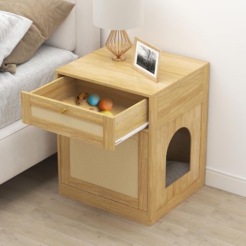 COSLIANA Cat Litter Box Enclosure, Hidden Cat Litter Box Furniture Indoor Wood Cat House Rattan End Table with Drawer, Oak COSLIANA