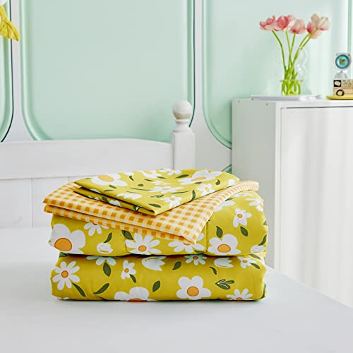 Uozzi Bedding 4 Pieces Yellow Girls Toddler Bedding Set White Floral Style - Includes Adorable Quilted Flower Comforter, Fitted Sheet, Top Sheet, and Pillow Case for Girls Bed UOZZI BEDDING