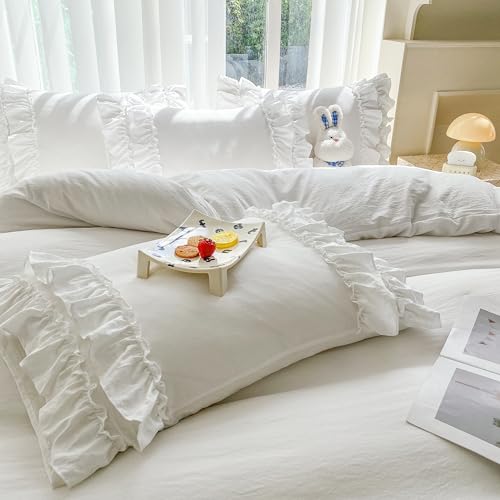Shabby Chic 3 Pieces Bedding,Vintage Ruffled Full Duvet Cover Set with 2 Layers Ruffles,Soft Brushed Microfiber Set with Zipper Closure,Lightweight Duvet Cover Set-White,Full SOUKECHY