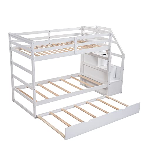 Merax Twin Over Twin Bunk Bed with Trundle, Solid Wood Stairway Bunk Bed Frame with 3 Storage Cabinet Staircase, No Spring Box Required, White Merax