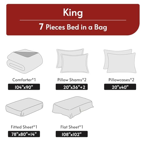 MUXHOMO 7 Pieces King Comforter Set, Reversible Bed in a Bag King Size, All Season Bedding Set with Comforter, Flat Sheet, Fitted Sheet, Pillowcases & Shams, Red & Black MUXHOMO