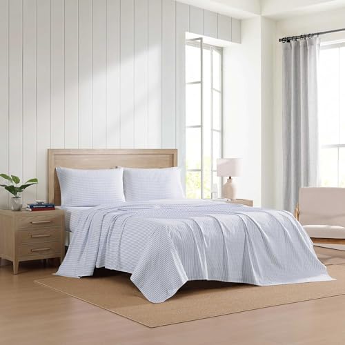 Tommy Hilfiger - Sheet Set, Cotton Percale Bedding with Matching Pillowcases, Crisp & Cool, Premium Quality Home Essentials (Monogram Stripe Blue, Queen) Tommy Hilfiger