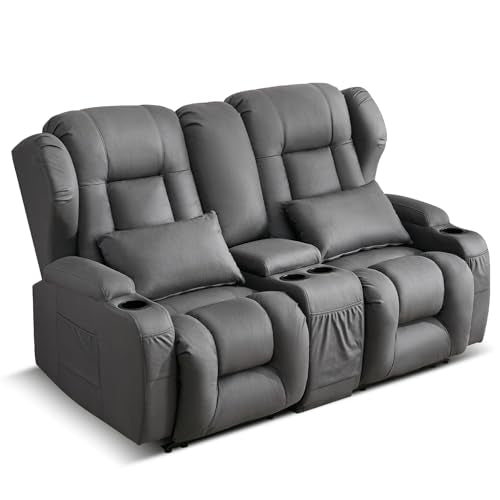 Loveseat Recliner Sofa,RV Wall Hugger Recliners for Small Spaces,Reclining Loveseat Sofa Recliner with Cup Holders/Lumbar Pillows,RV Furniture (Gray, Loveseat with Console)