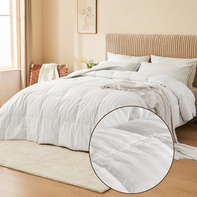 puredown® Goose Feather Down Comforter King Size - All Season Duvet Insert Ultra Fluffy Soft 100% Cotton Shell Cover, Luxurious Hotel Collection Comforters 500 Thread with Ties(Stripe White, 106x90'')