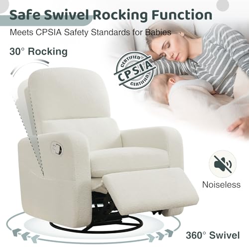 AEMEIOS Swivel Rocker Recliner, Oversized Boucle Glider Recliner Nursery, Manual Swivel Rocking Reclining Chairs with Removable Cushion and Lumbar Support for Nursery Living Room Bedroom, Teddy White