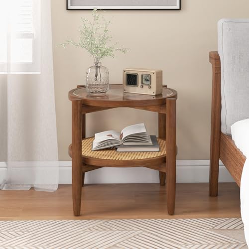 Giantex Rattan Round End Table, Walnut Boho Nightstand with Tempered Glass Top and Acacia Wood Legs, 2-Tier Side Table with Storage, Bedside Tables for Small Spaces Living Room Bedroom Giantex