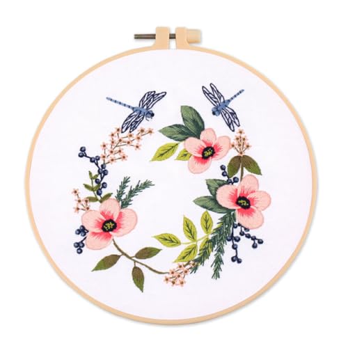 Meecaa Dragonfly Flower Insect Embroidery Kit Starter Set, Hand Embroidery Set,Pattern Printed Cross Stitch Set for Beginner Adults, with Embroidery Hoop and Instructions (Dragonfly)