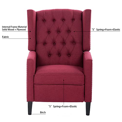 Push Back Recliner Chair,Easy Chairs for Small Spaces,Comfy Armchair,Reading Recliner Chairs for Adults,Living Room Accent Chair, Wingback and Rivets Design for Modern Recliner Chair (Red)