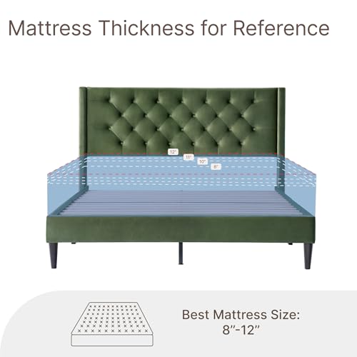 KISLOT Full Size Bed Frame, Velvet Upholstered Platform Bed Mattress Foundation, with Vertical Channel Tufted Wingback Headboard, Strong Wood Slat, No Box Spring Needed, Green KISLOT
