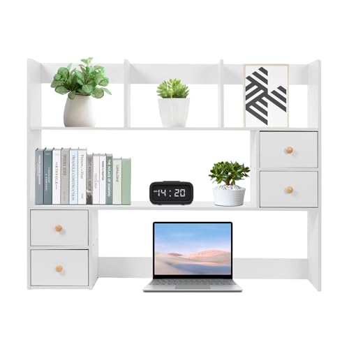 Desk Hutch, Desktop Hutch with 8 Shelves & 4 Drawers, Vanity Desk with Hutch Top Only, Extendable Small Desk Shelf for Top of Desk, Desktop Bookcase Bookshelf for Home Office Generic