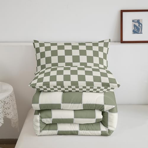 Erosebridal Plaid Comforter Set Twin Beige Sage Green Checkerboard Quilt Set Geometric Checkered Bedding Set for Kids Boys Girls, Aesthetic Grid Duvet Set Modern Room Decor 2 Pcs Erosebridal