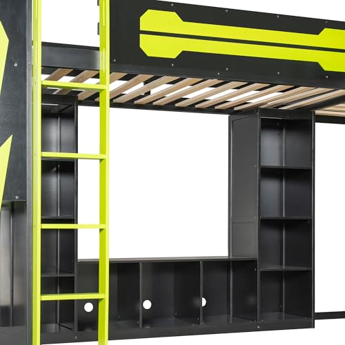 Twin Size Gaming Loft Bed with Lights & USB Ports & Dual Desk for 2 Teens Adults,Wood L-Shaped Loft Bed Frame with Double twin Beds, TV Stand,Storage Shelves and Ladders for Gamers Teens Adults,Green FUvellamo