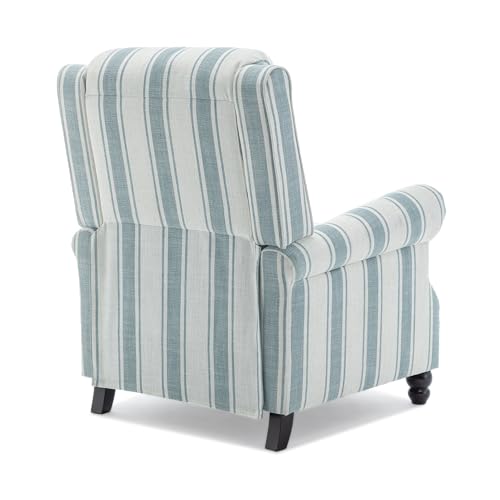 Qatiby Pushback Recliner Chair, Comfy Fabric Wingback Recliner Chair, Upholstered Armchair Push Back Recliner with Wood Legs, Rivet Trim Single Sofa Accent Chair for Living Room, Bedroom, Blue Stripe