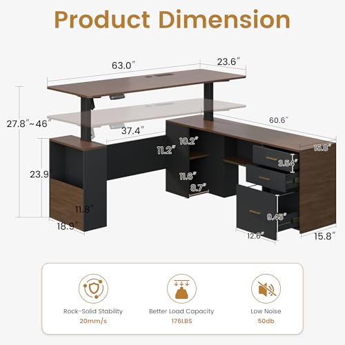 JOMEED 63" L Shaped Electric Standing Desk with Storage, Executive Adjustable Height with Power Outlets and Privacy Panel,Brown and Black JOMEED