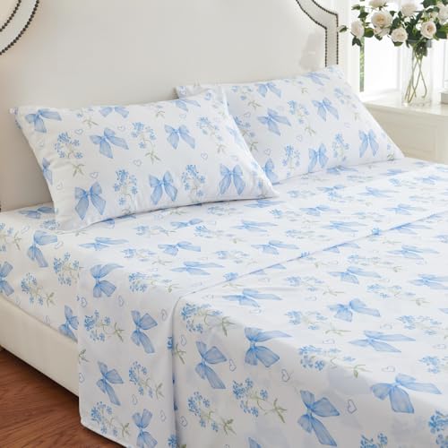 CCoutueChen Blue Bow Sheet Set Full Garden Floral Fitted Sheet Set for Girls Kids Soft Microfiber Fitted Flat Sheets & Pillowcases Cute Princess Style Bowknot Bedding Sets Toddlers 4 Pieces CCoutueChen