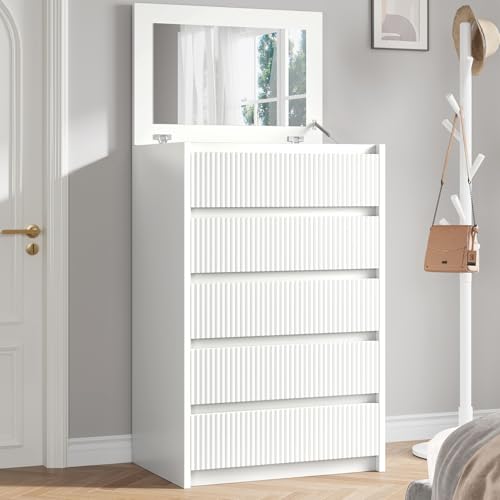 Jocoevol White Dresser 5 Drawer Dresser for Bedroom, Modern Fluted Dresser with Deep Drawers and Mirror, Wooden Dresser Chest of Drawers for Living Room, Hallway, Entryway Jocoevol