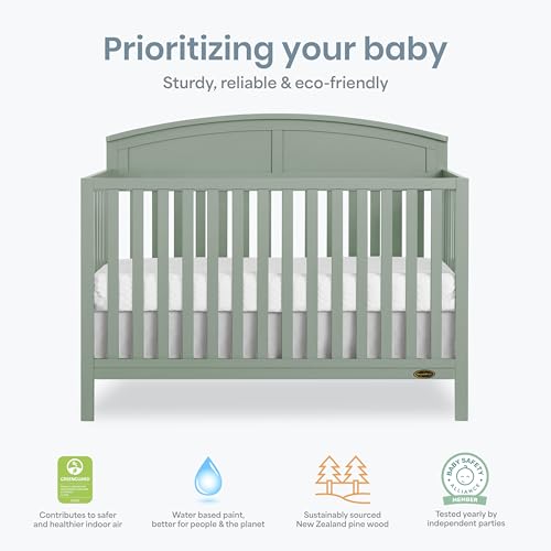 Dream On Me Storybrooke 5-in-1 Convertible Full-Size Baby Crib, GreenGuard Gold & BSA Certified, Convert to Toddler, Day & Full-Size Bed Sustainable Pinewood, 3 Mattress Height Settings - Meadow Green