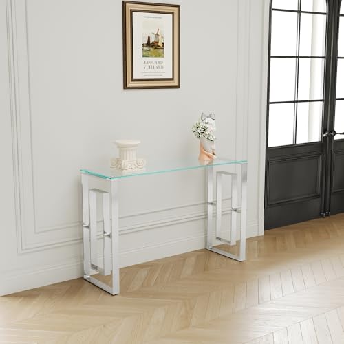 HomVent Silver Glass Console Table Narrow Sofa Table with Tempered Glass Top and Stainless Steel Legs for Entryway, Living Room (Silver) HomVent