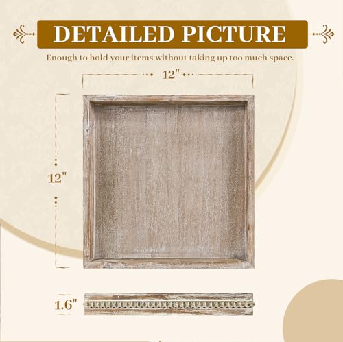 MAONAME Wood Decorative Tray, Farmhouse Wooden Tray for Coffee Table, Rustic Square Tray with Beads, Washed White Serving Tray for Living Room, Kitchen, 12" X 12" X 1.6" MAONAME