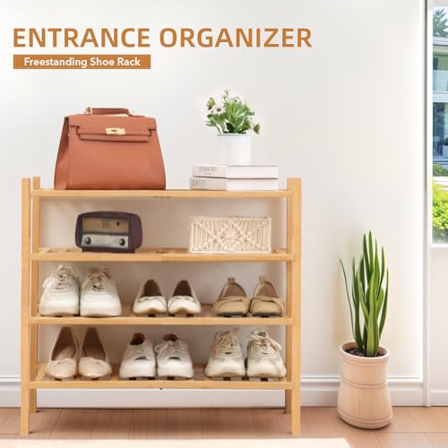 4 Tier Bamboo Shoe Rack Storage Organizer for Closet, Multifunctional Stackable Free Standing Shoe Shelf Organizer for Small Space,Entryway,Hallway,Bathroom 27"x11"x26"(Natural, 4 Tier) Buymoth