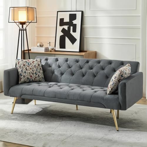 Trygoal Futon Sofa Bed, Convertible Futon Couch with Adjustable Backrest, 68.31” Folding Sofa Bed with 2 Pillows & Metal Legs, Sleeper Loveseat with Armrest for Home Office, Dark Gray Trygoal