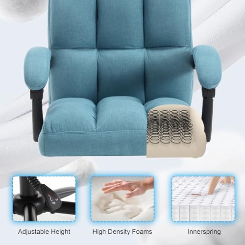 KCREAM Erogonomic Reclining Office Chair with Footrest, High Back Fabric Cute Comfortable Recliner Office Desk Chair with Leg Foot Rest for Women,Blue KCREAM