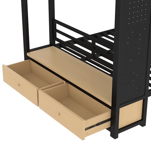 Bellemave Full Over Full Metal Bunk Bed with Storage Drawers and Shelves, Heavy Duty Bunk Beds with Pegboard and Coat Rack for Kids, Adults,Blackă Bellemave