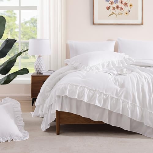AMBERSPACE Queen Comforter Set White, Ruffle Shabby Chic Bedding Set Farmhouse 7 Pieces, All Season Fluffy Bed in a Bag with Sheets, Pillowcases & Shams AMBERSPACE