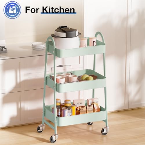 DUMOS 3 Tier Metal Rolling Storage Cart with Lockable Wheels, Mobile Shelving Unit Utility Rolling Organizer for Office, Bathroom, Kitchen, Laundry Room & Narrow Places, Green DUMOS