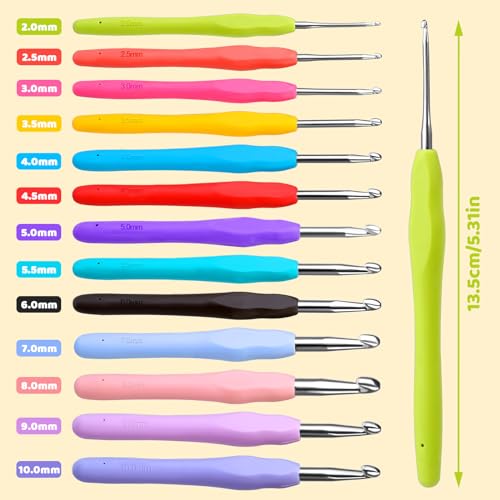 38 Pack Crochet Hooks Set, 13 Pcs 2mm(b)-10mm(n) Ergonomic Soft Grip Crochet Handles, Crochet Needle with Storage Case, for Arthritic Hands, Extra Long Knitting Needles Mayboos