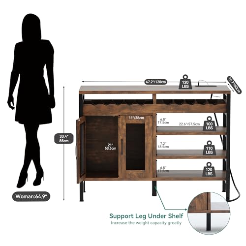 YITAHOME 47" Rustic Brown Wine Bar Cabinet with Power Outlets, LED Lights, and Spacious Storage YITAHOME