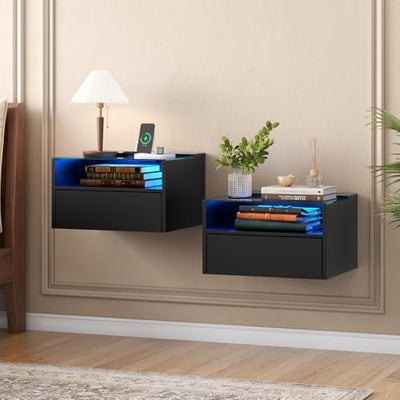 Loomie Black Floating Nightstands Set of 2, 18.9” Bedside Table w/Charging Station and LED Light, Floating Shelf with Drawer, Wall Mounted Night Stand for Bedroom, Entryway Wall.