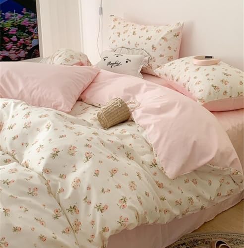 Sedefen Floral Duvet Cover Full Size Pink Romantic Flower Bedding Set 3 Pcs Cotton Spring Garden Aesthetic Green Botanical Coquette Comforter Cover for Kids Boys Girls with Zipper Corner Ties Sedefen